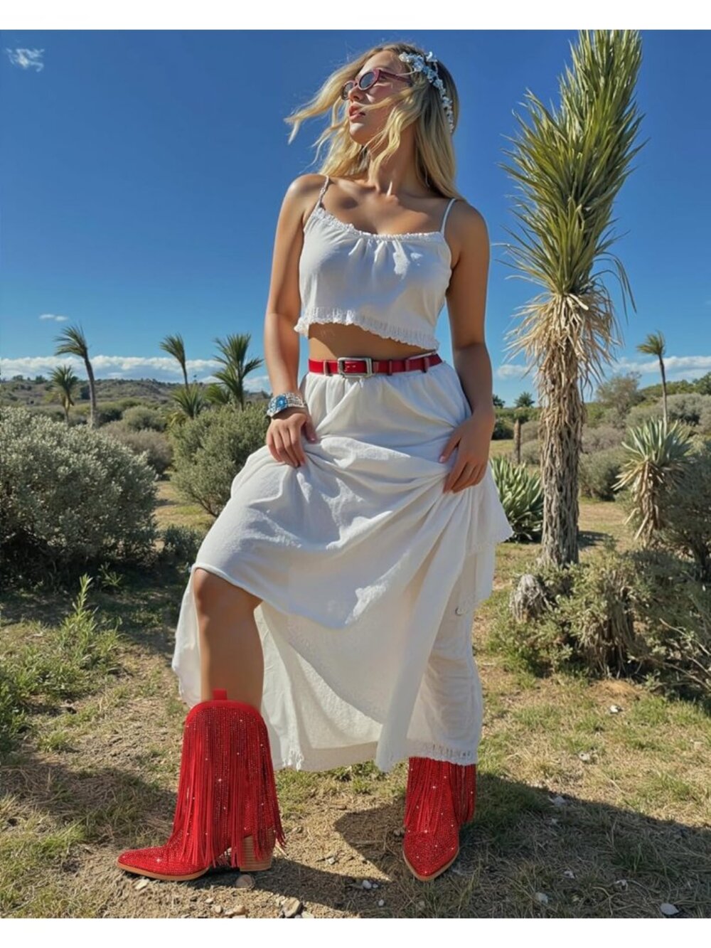 Women's Cowgirl Rhinestone Boots Red with Sparkly Fringe Pointed Toe Western - Picture 2 of 6